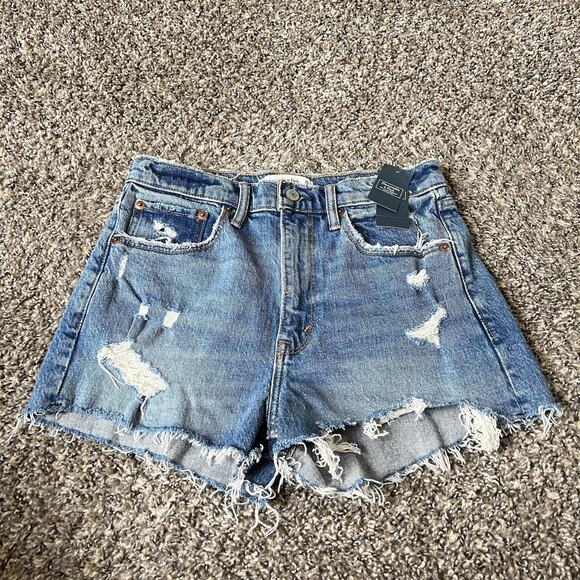 Abercrombie & Fitch The Mom High Rise Shorts Distressed Denim Blue Size 26 New - Picture 1 of 4